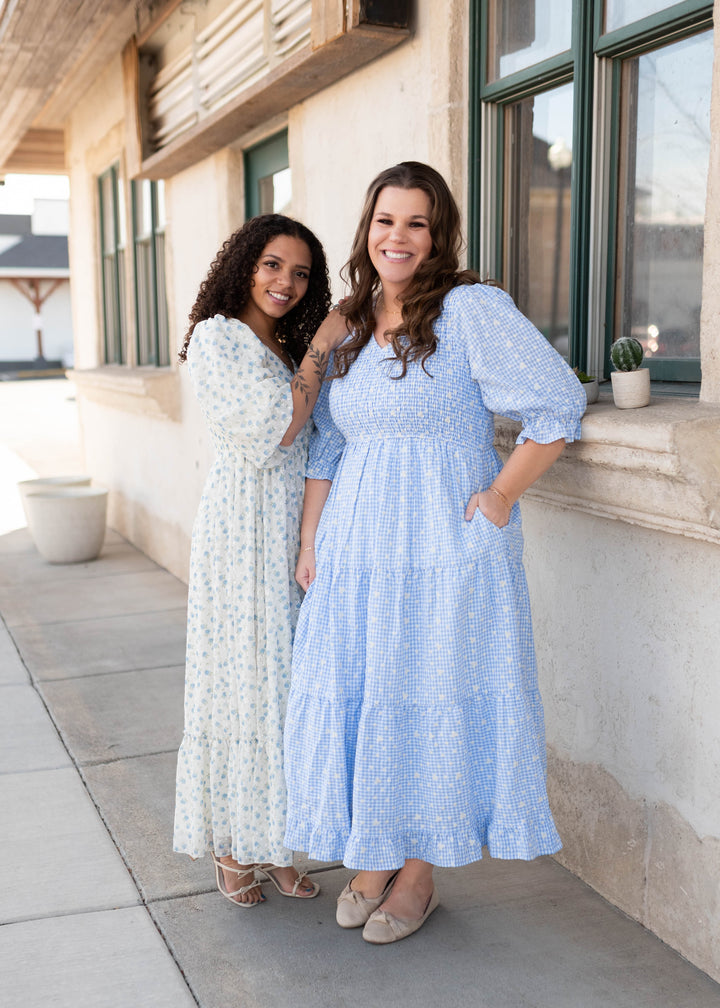 blue gingham dress womens Mikayla Floral Embroidered with Pockets and short sleeves with collection_silk A-line wedding dress with Length:36