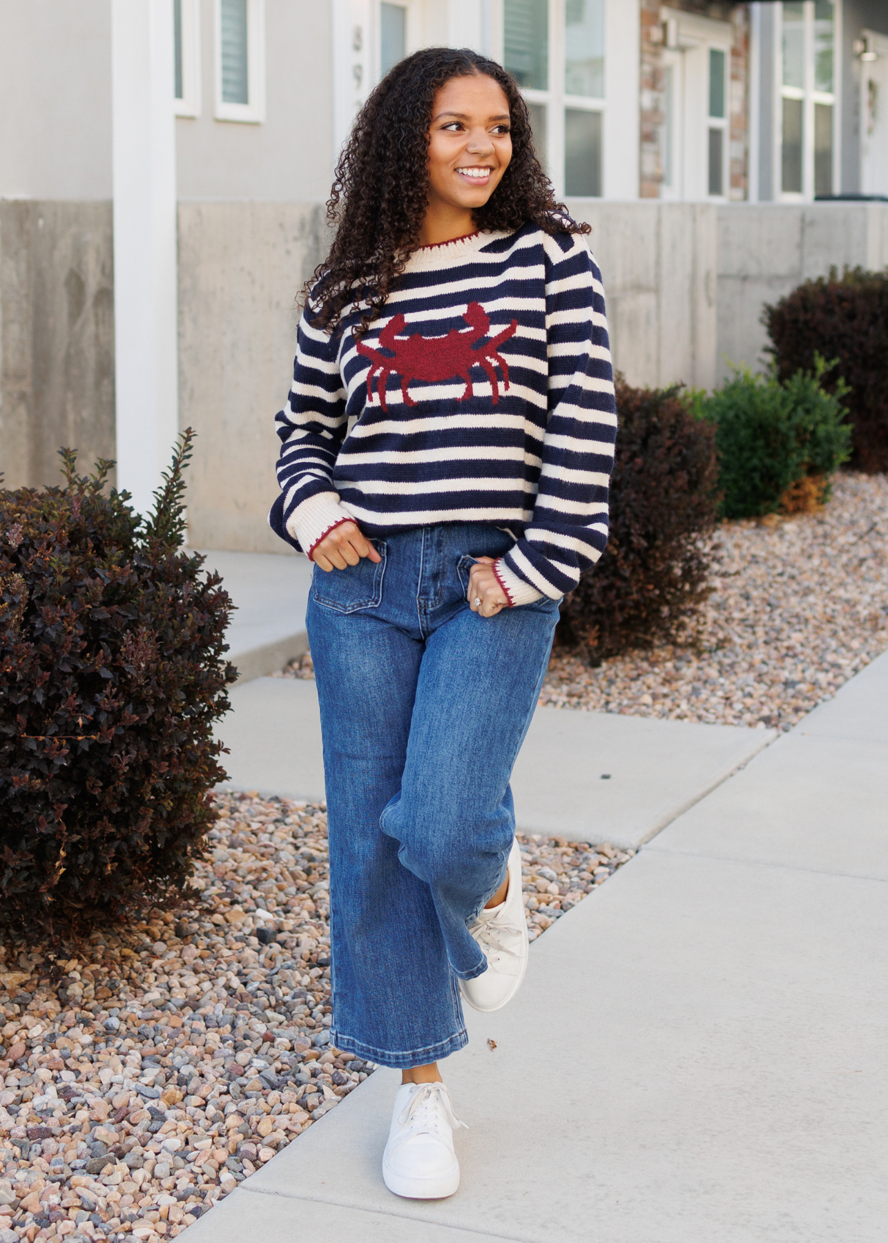 Red crab navy striped pattern sweater with long sleeves