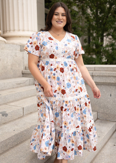 Modest cream floral dress by Lena Lou with lace trim in plus size
