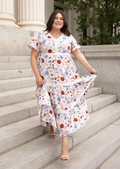 Lena Lou exclusive cream flroal dress in plus size 1x to 3x