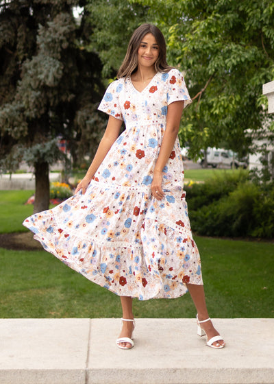 Modest short sleeve cream floral dress with lace trim at Lena Layne