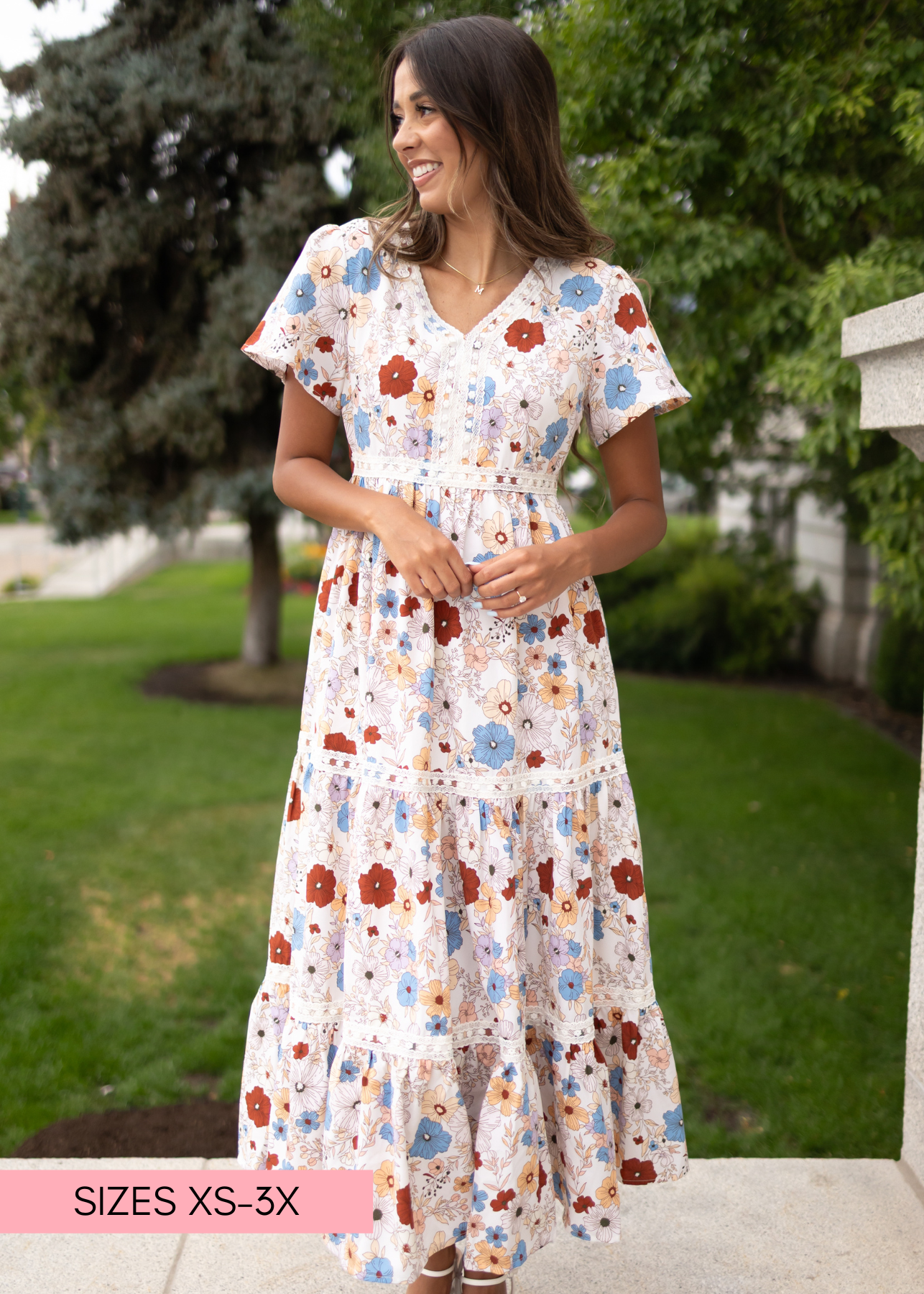 Cream floral dress in sizes xs to 3x