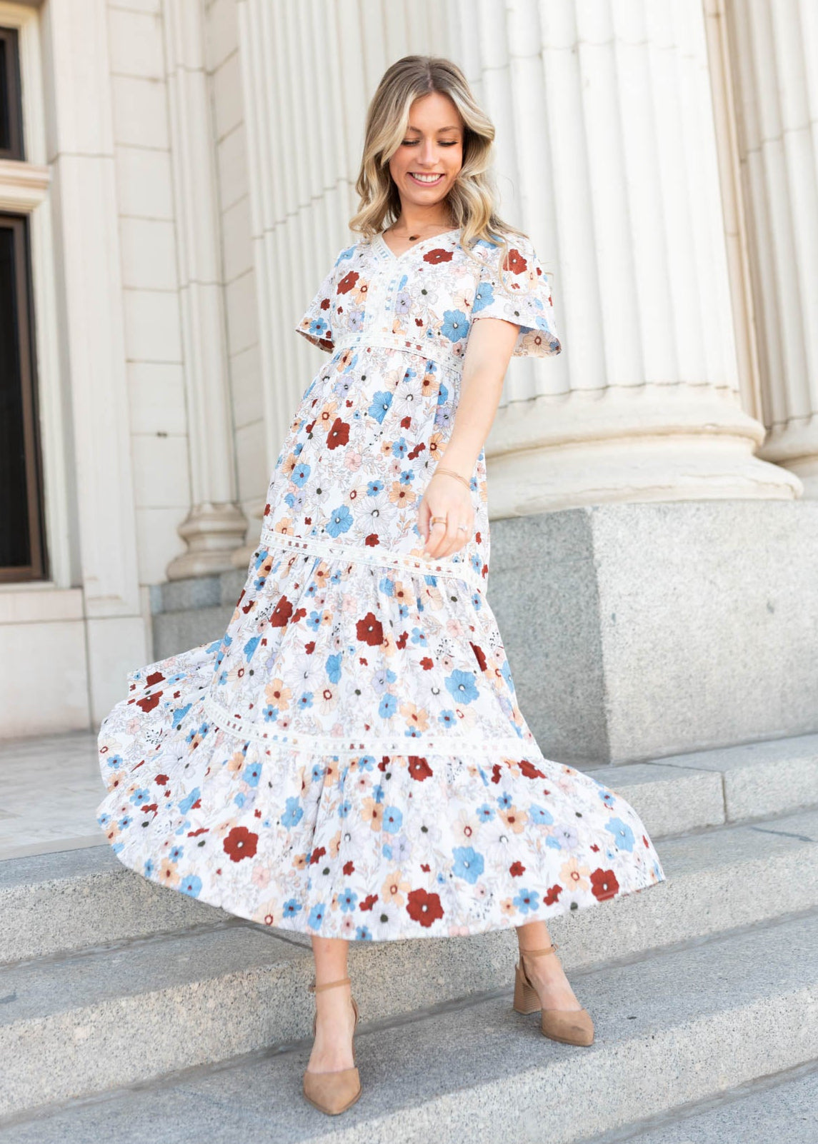 Short sleeve modest cream floral dress by lena lou at lena layne