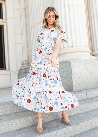 Short sleeve modest cream floral dress by lena lou at lena layne