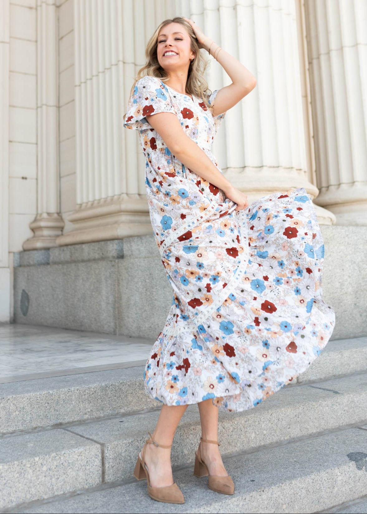 Modest cream floral dress with lace trim
