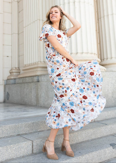Modest cream floral dress with lace trim