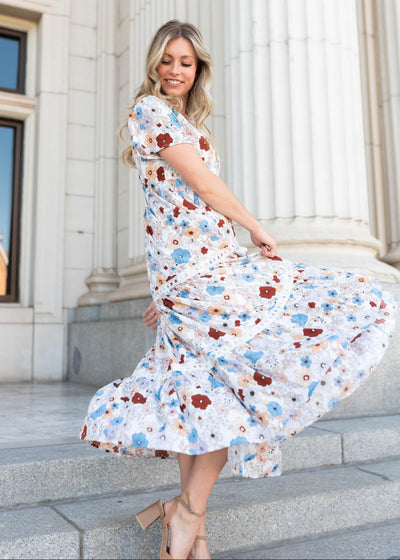 Modest mina cream floral dress at Lena Layne