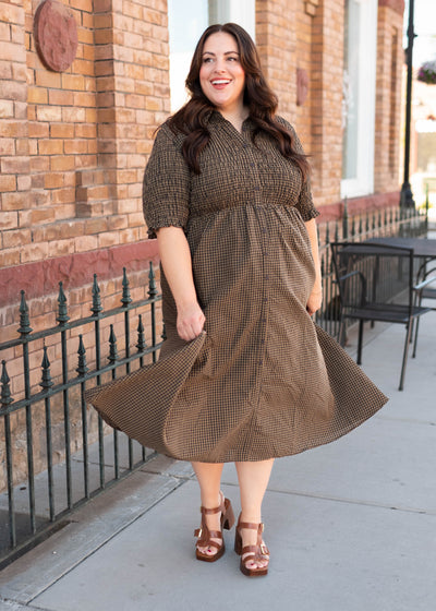 Button up brown gingham dress with smocked bodice and sleeves