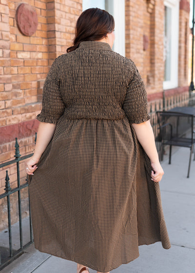 Back view of the plus size brown gingham dress