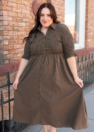 Plus size brown gingham dress with smocket bodice and sleeves
