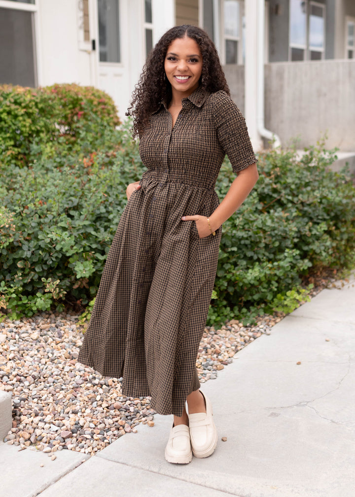 Mira Brown Gingham Maxi Dress Polagram 3X Mira Brown Gingham Maxi Dress Polagram 3X