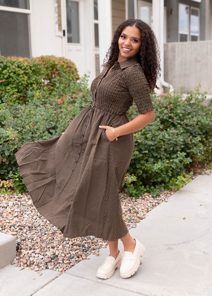 Mira Brown Gingham Maxi Dress Polagram – Lena Layne