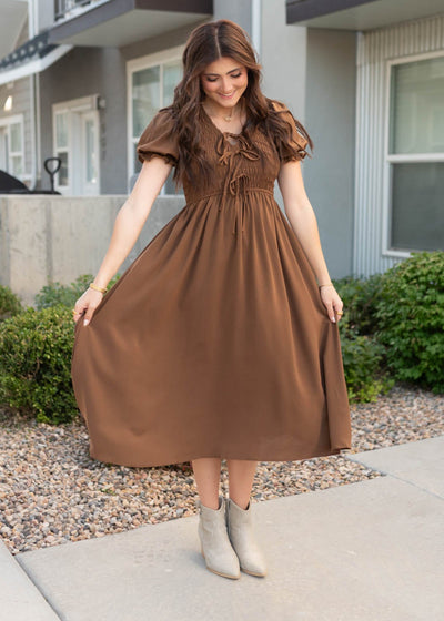 Modest midi cocoa smocked dress with v-neck