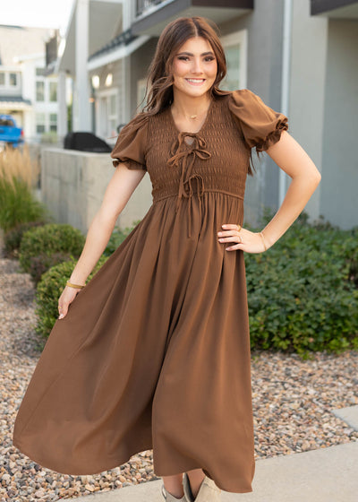 Short sleeve modest cocoa smocked dress