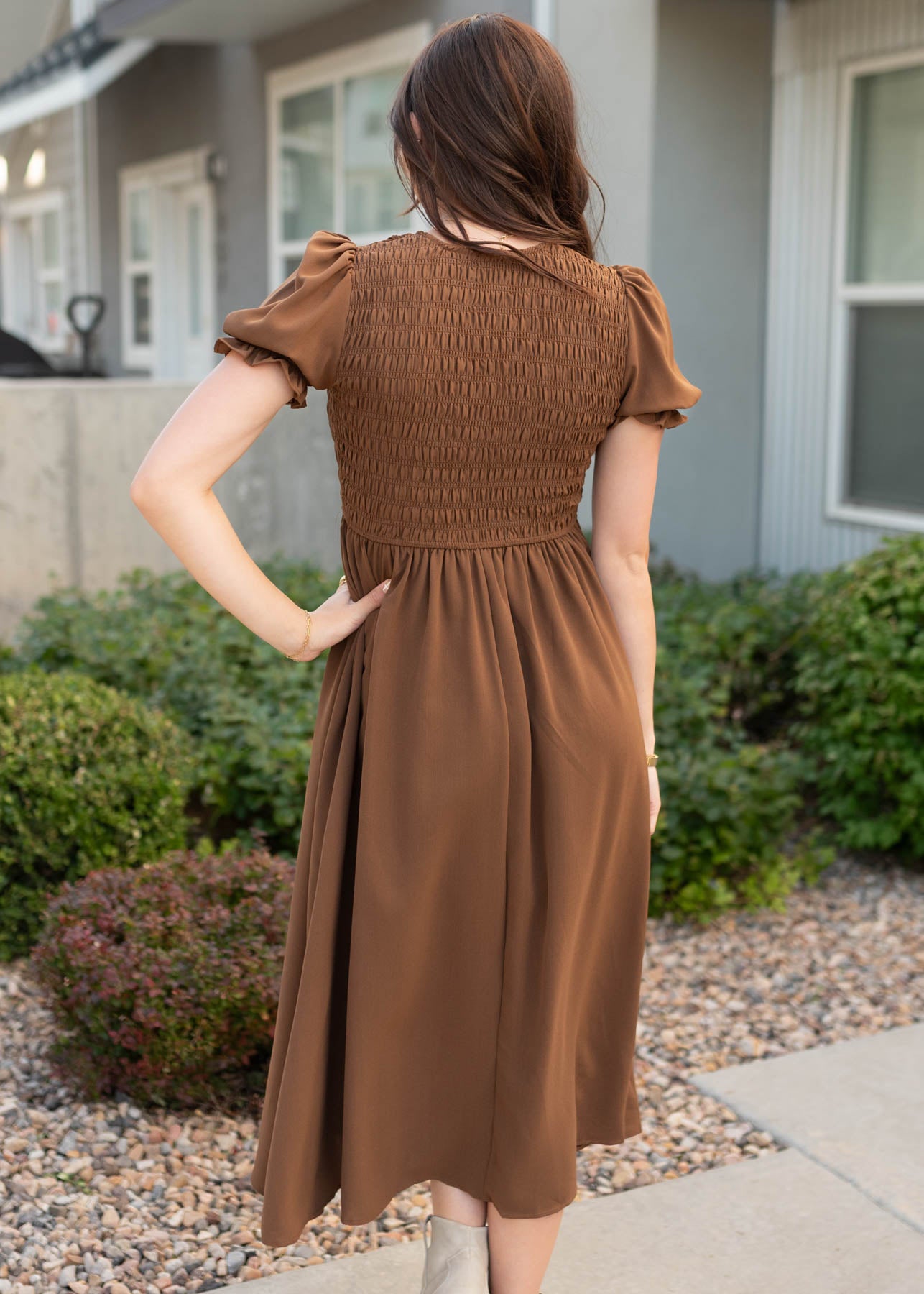 Back view of the cocoa smocked dress
