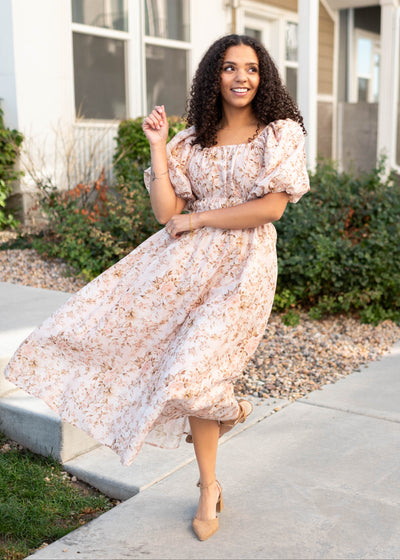 Modest pink floral dress with short sleeves