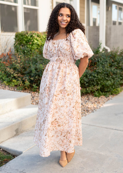 Modest short puff sleeve pink floral dress with square neck