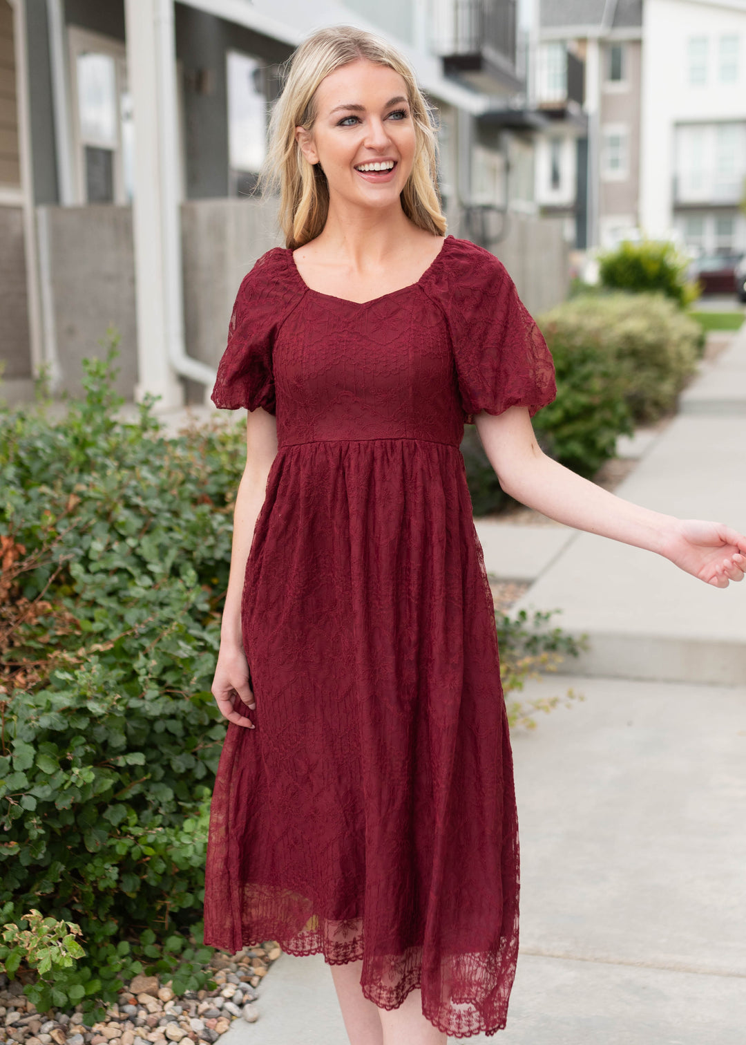 Misty Wine Lace Midi Dress Tea N Rose – Lena Layne