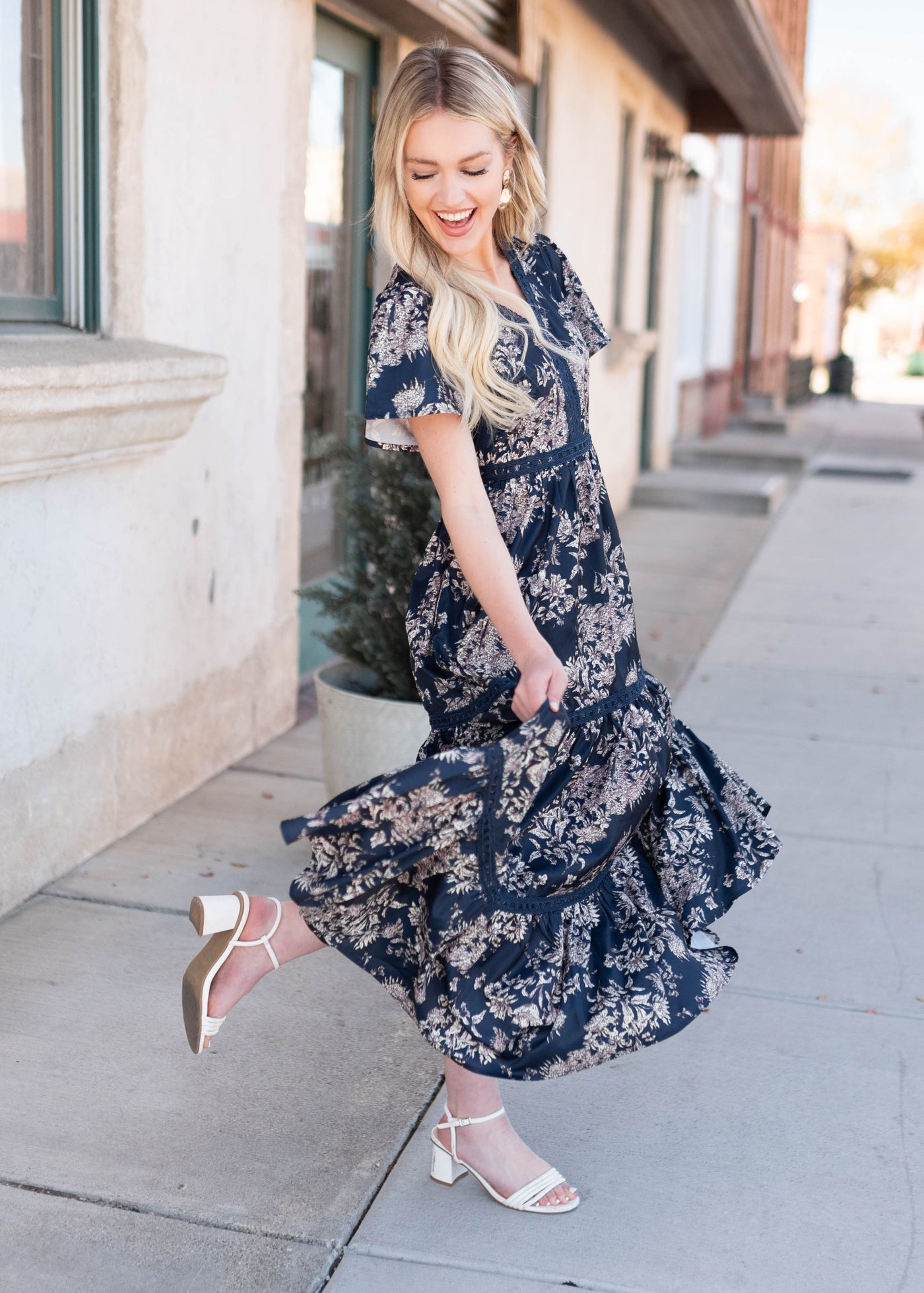White, pink and navy blue patterned dress