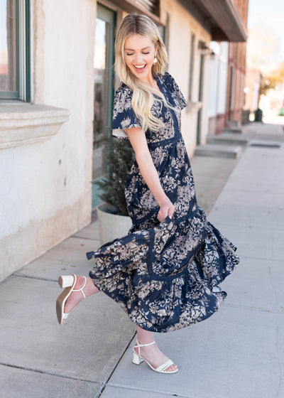 White, pink and navy blue patterned dress