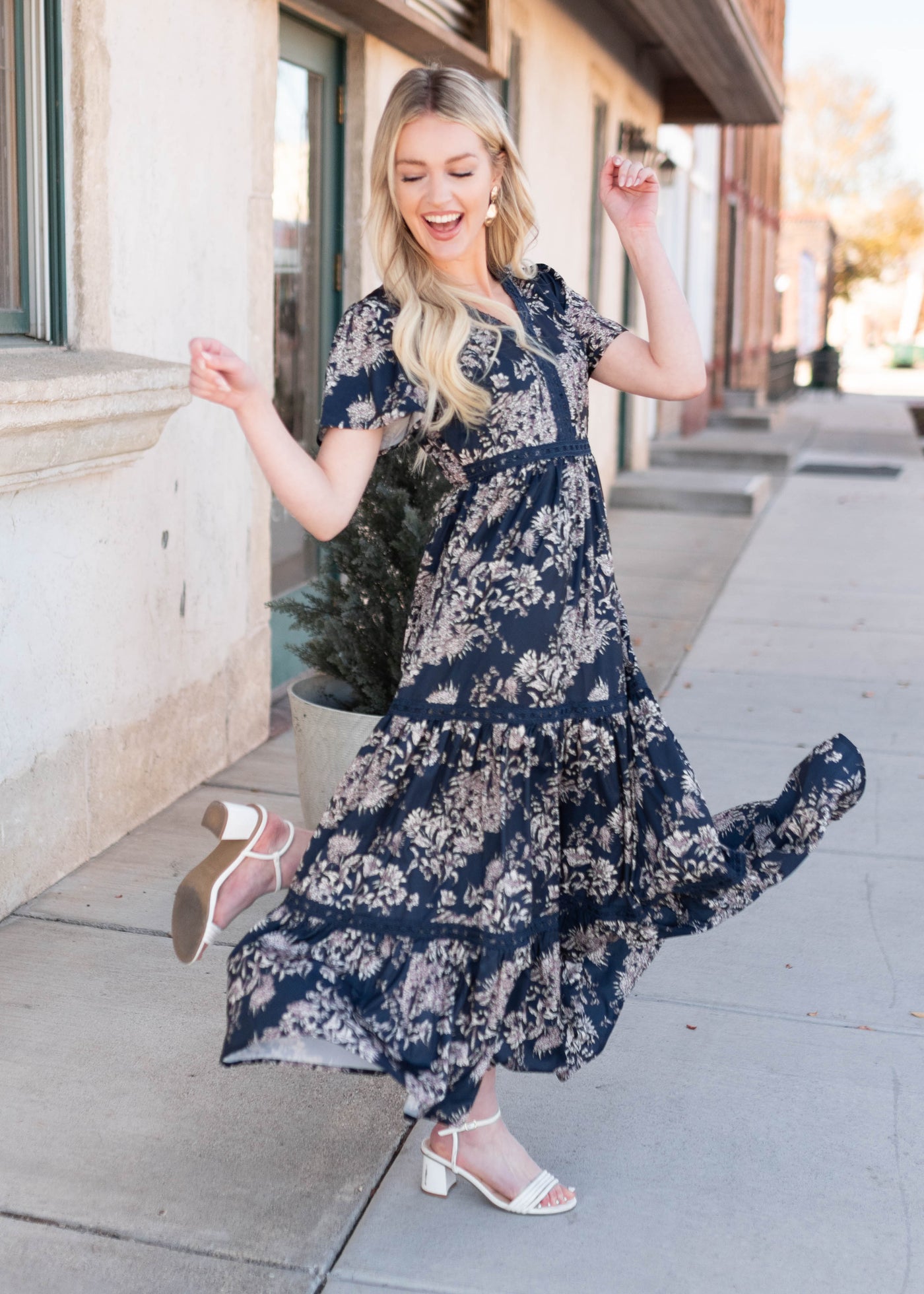 Modest navy blue patterned dress with side zipper