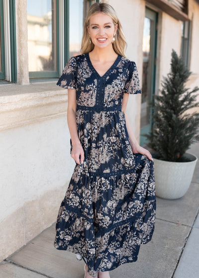 Modest Lena & Lou navy blue patterned dress with short sleeves
