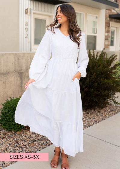 Modest white embroidered bodice dress