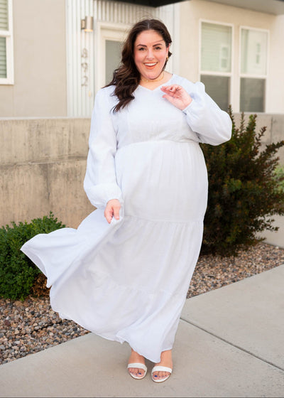 Plus size white embroidered bodice dress with long sleeves