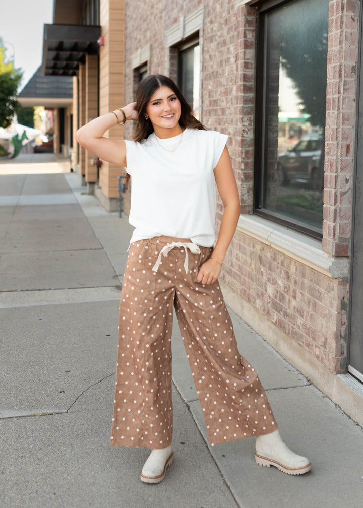 Monica Camel & Ivory Polka Dot Wide Leg Pants | Lena Layne