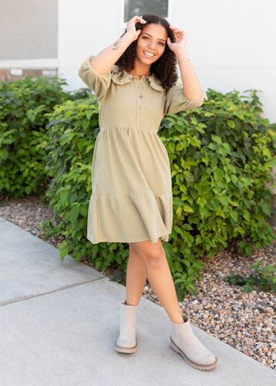 Knee length dusty sage collar dress with peterpan collar with ruffle around the collar