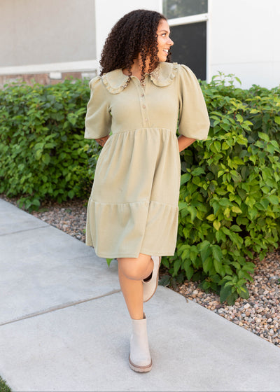 Dusty sage collar dress with short sleeves and button up bodice
