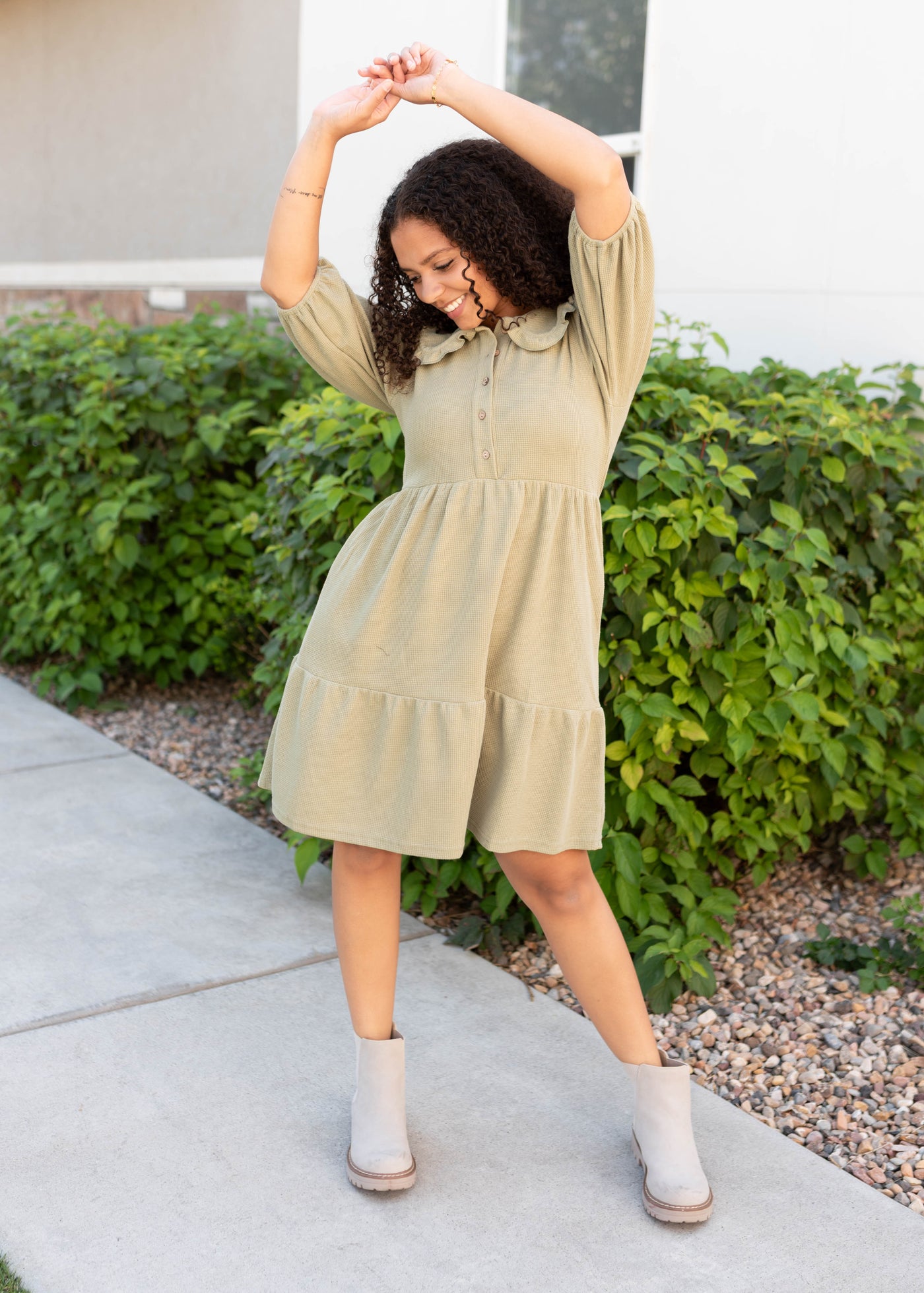 Modest short sleeve dusty sage collar dress