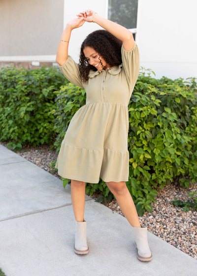 Modest short sleeve dusty sage collar dress