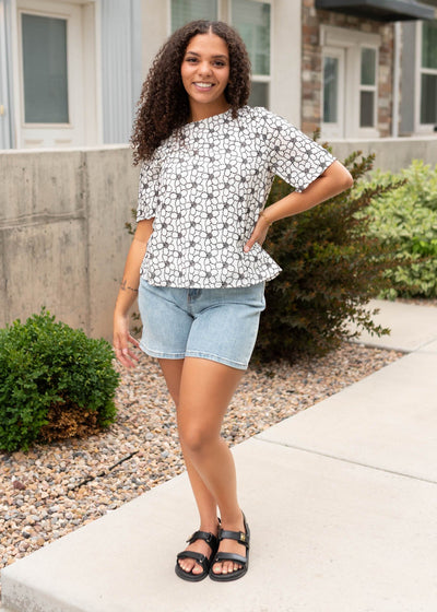 Short sleeve black floral embroidered shirt