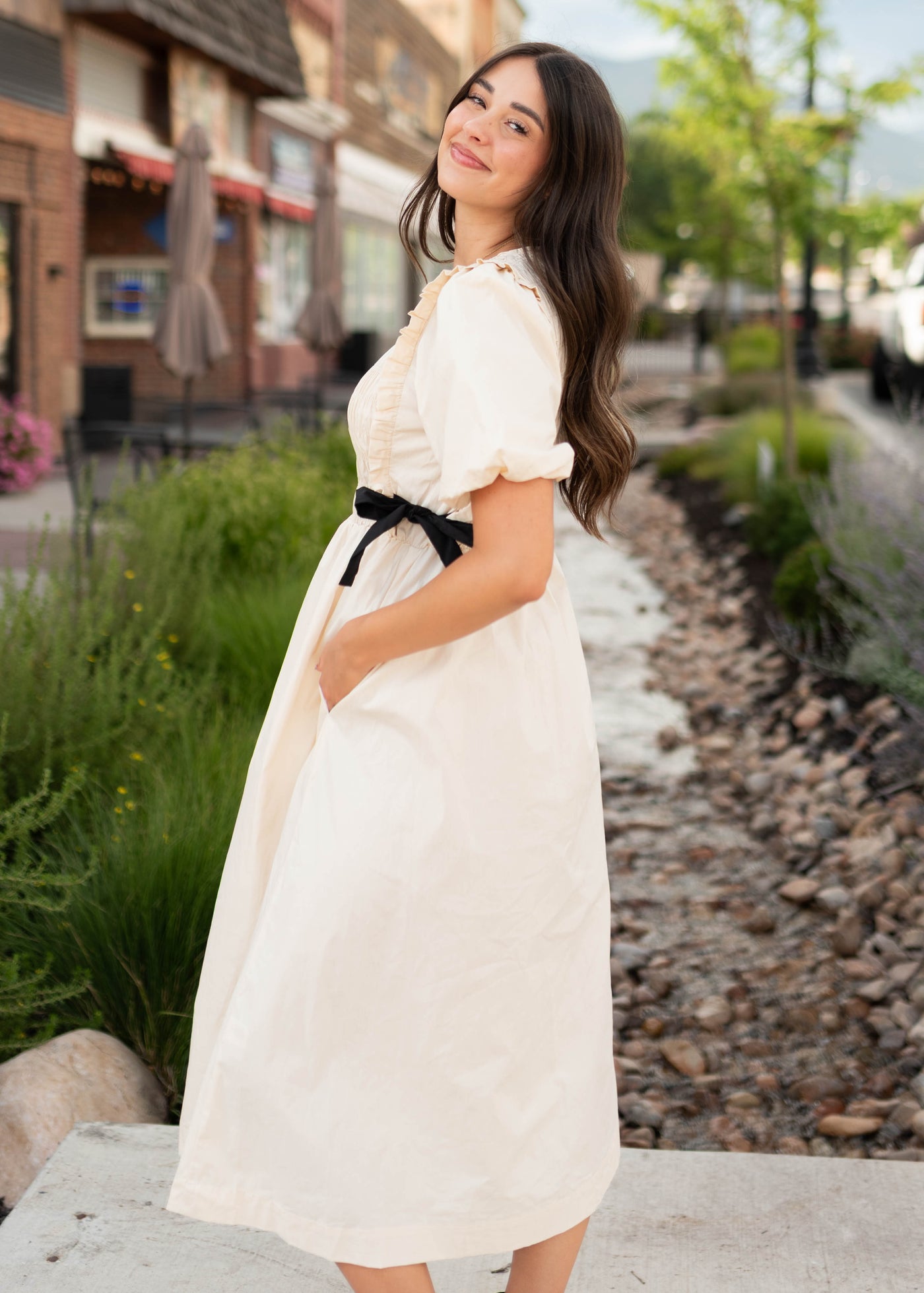 Nadya Cream Smocked Dress With Black Bows 2X