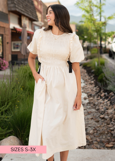 Nadya Cream Smocked Dress With Black Bows 2X