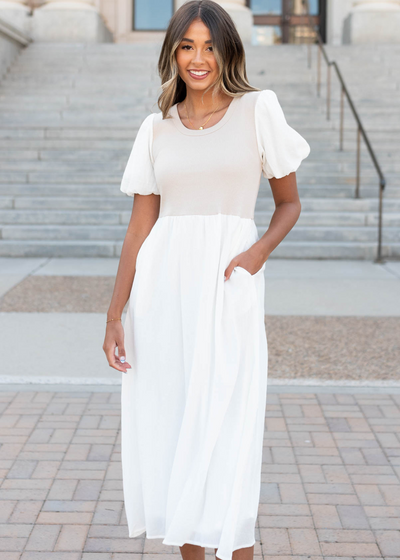 Ivory knit bodice dress with pockets