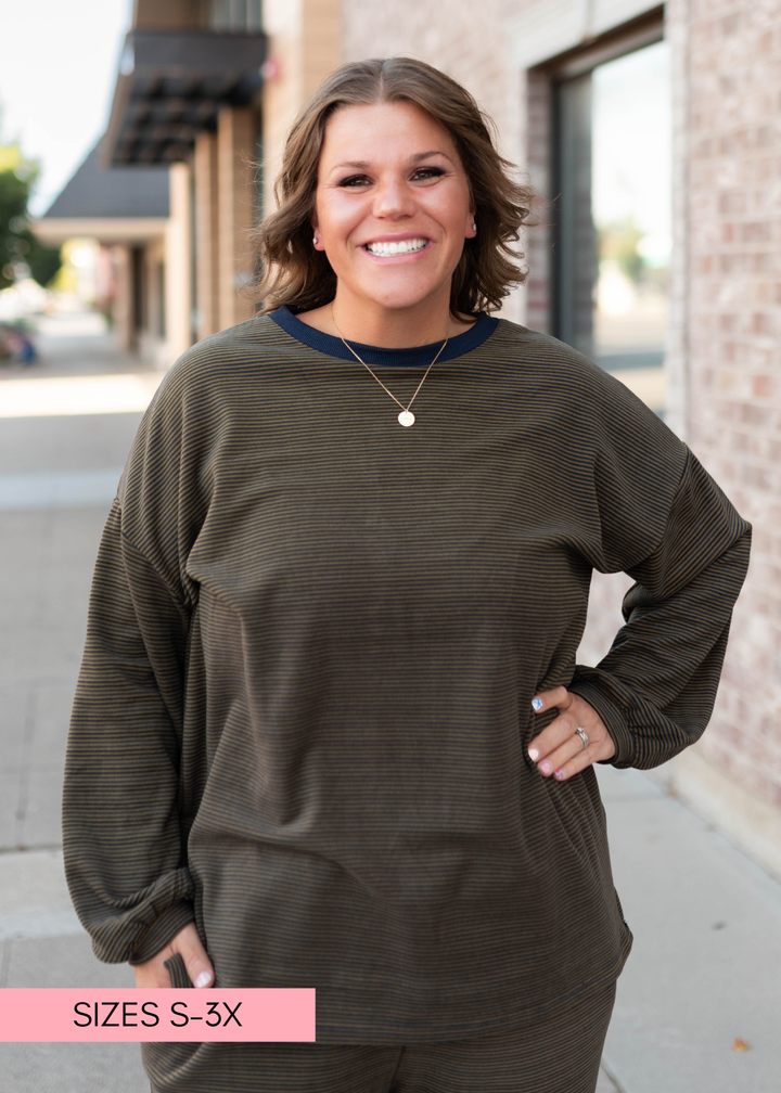 Naomi Navy & Camel Striped Pullover Top | Lena Layne