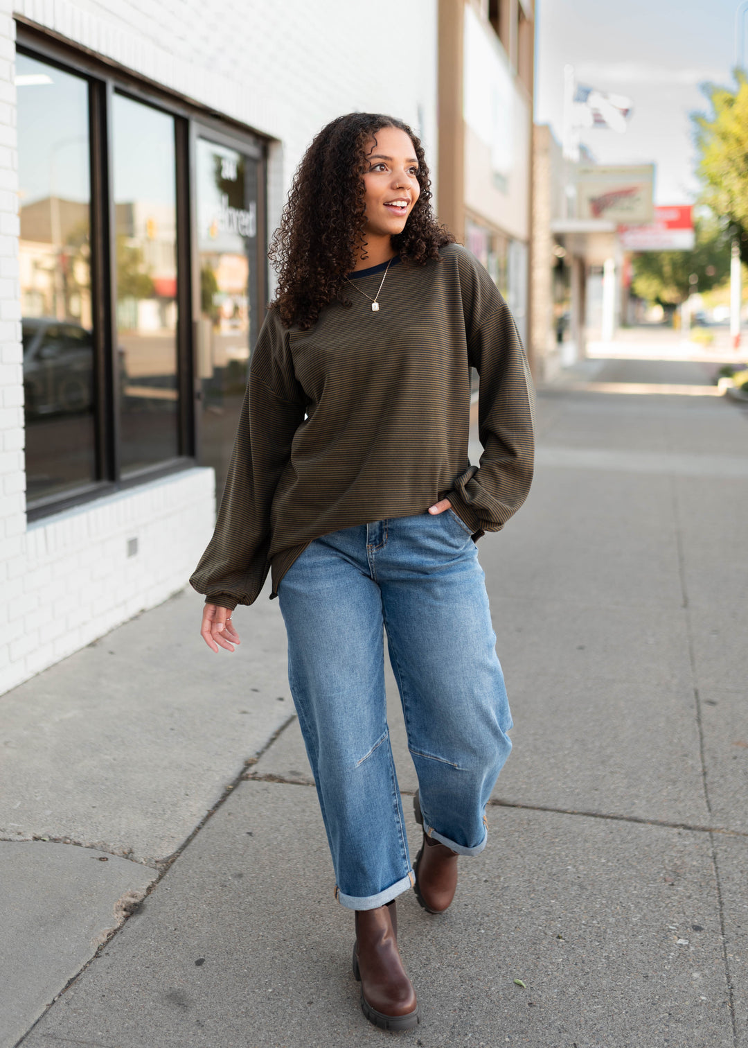 Naomi Navy & Camel Striped Pullover Top | Lena Layne