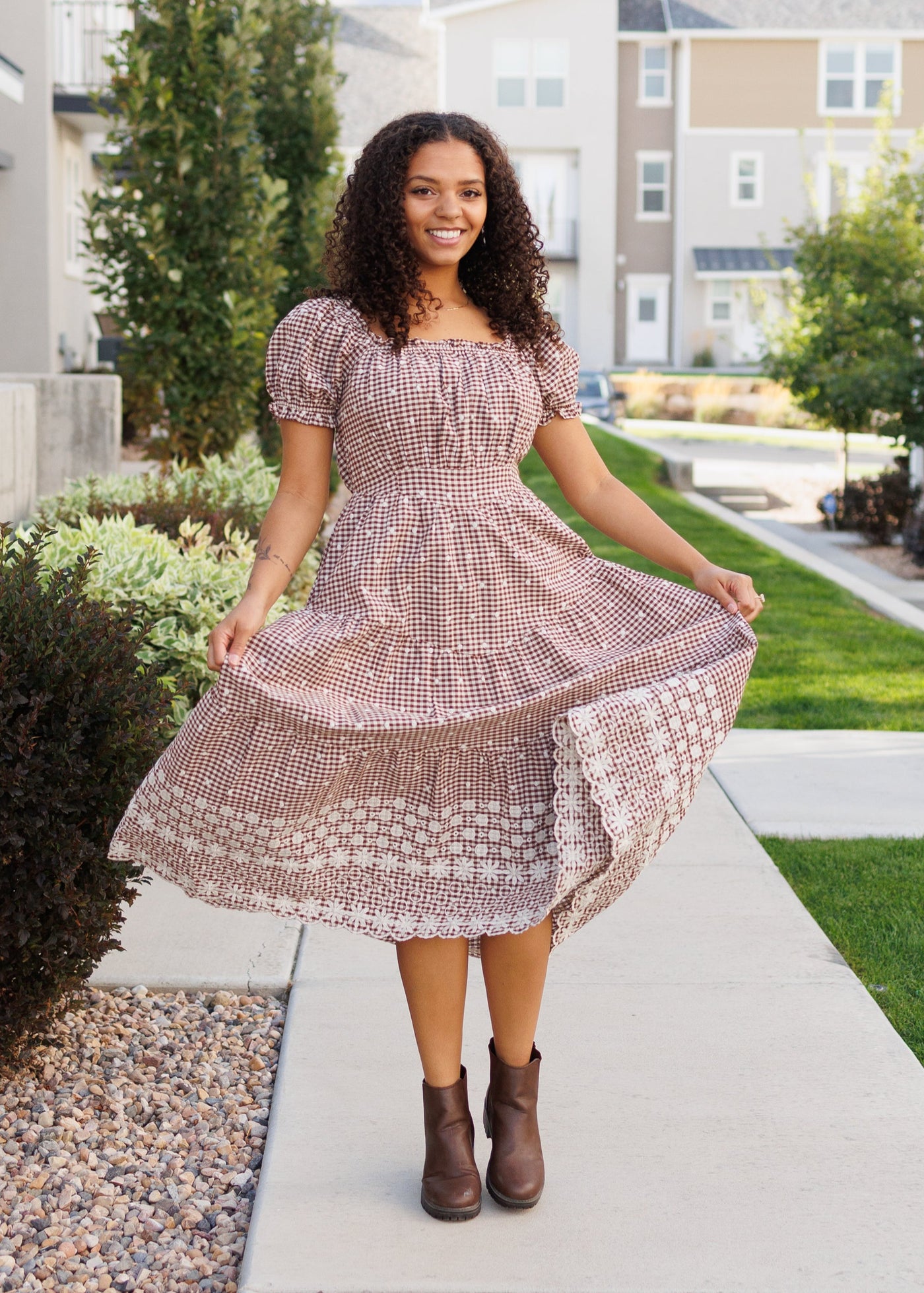 Square neck modest midi brown gingham dress with short sleeves and embroideted hem