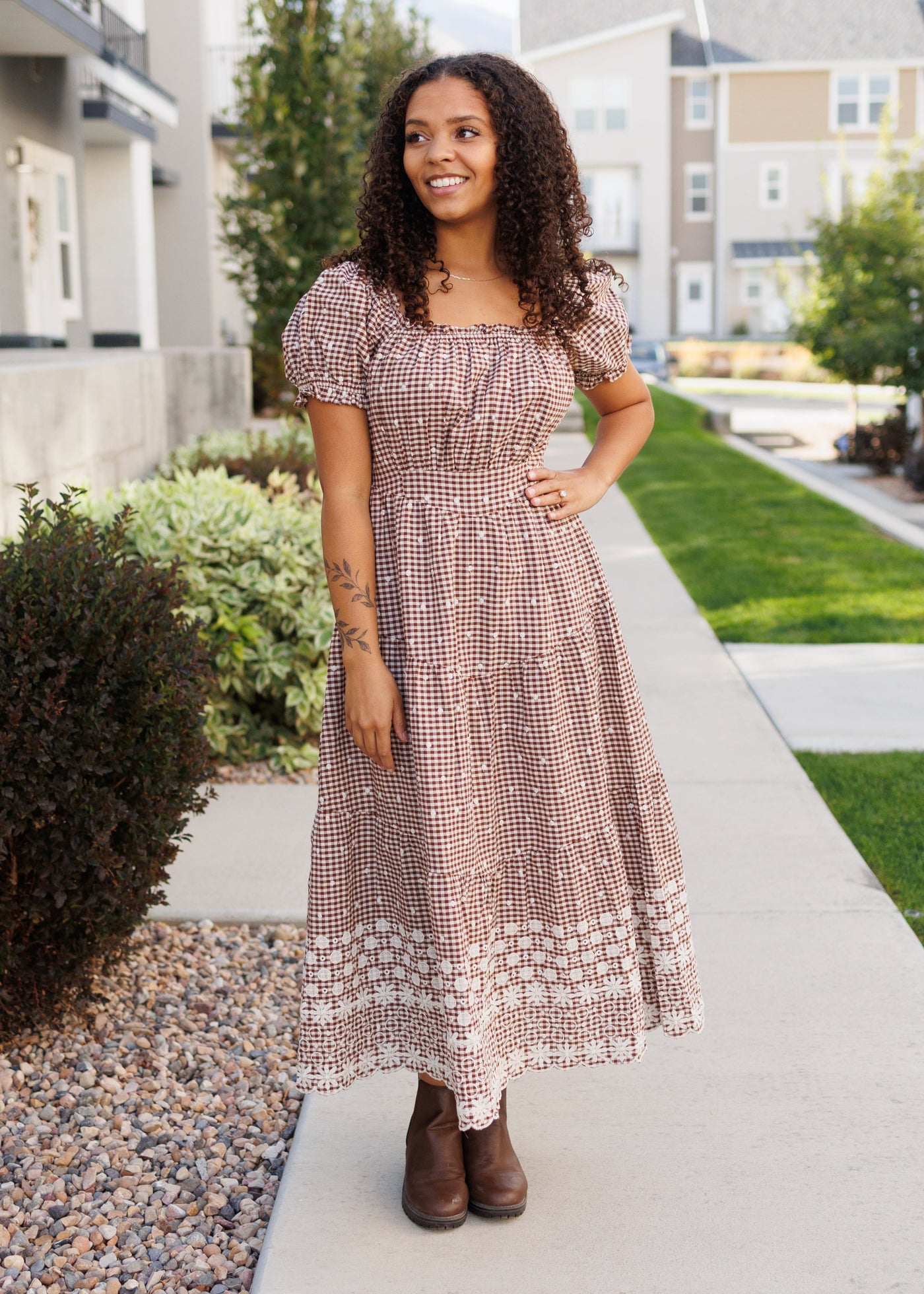 Modest midi brown gingham dress with square neck