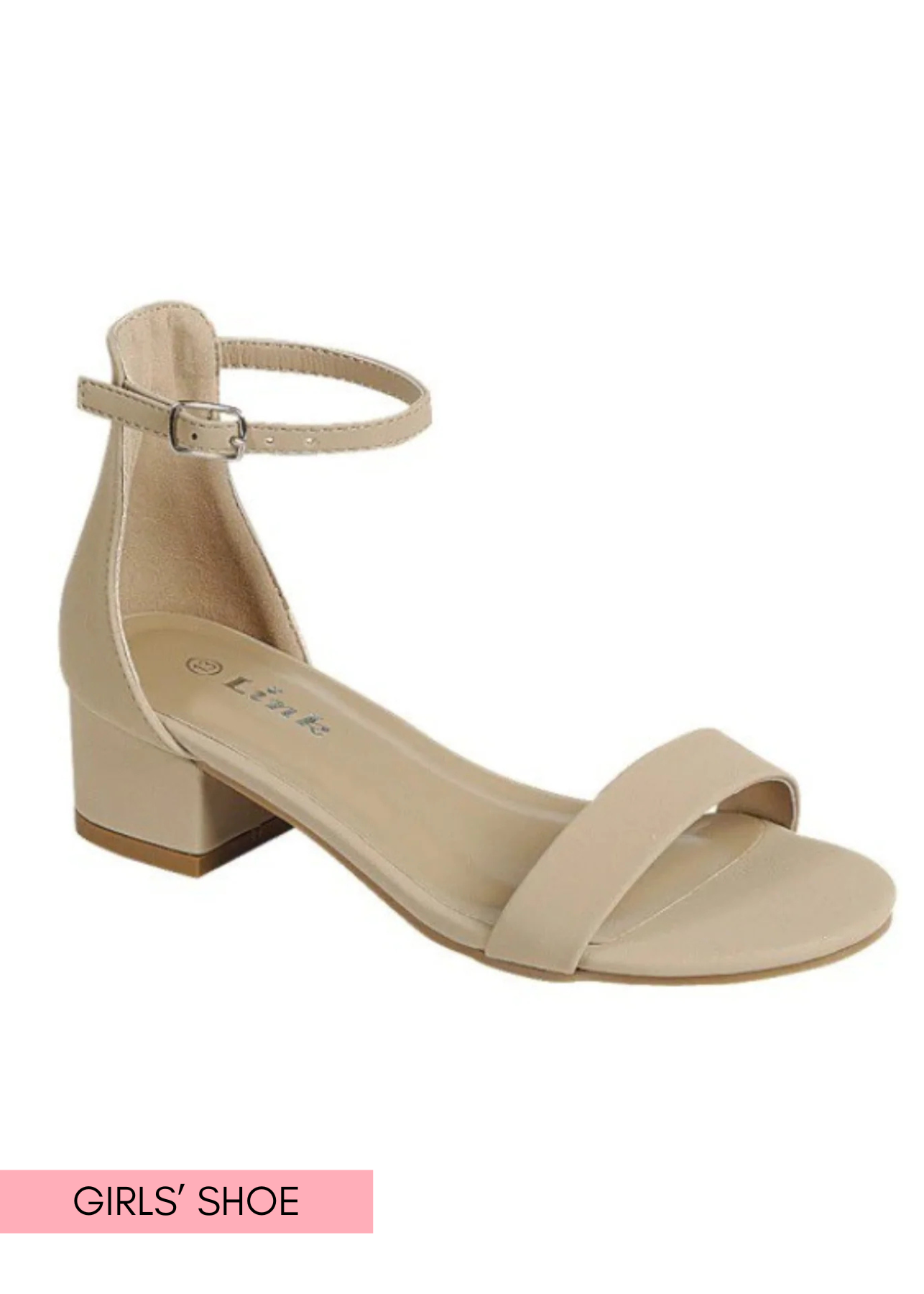 Nude little girl heel sandal with block heel on a white background