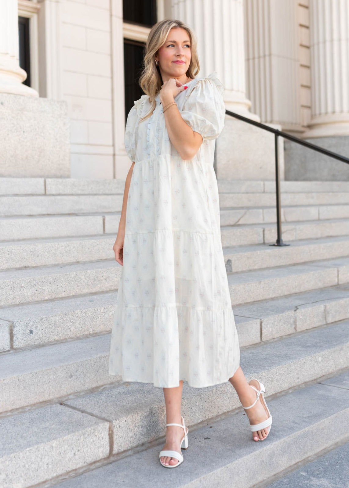 Tiered skirt on the vintage cream floral dress