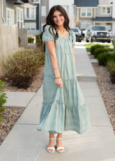 Sage puff sleeve detailed dress with round neck