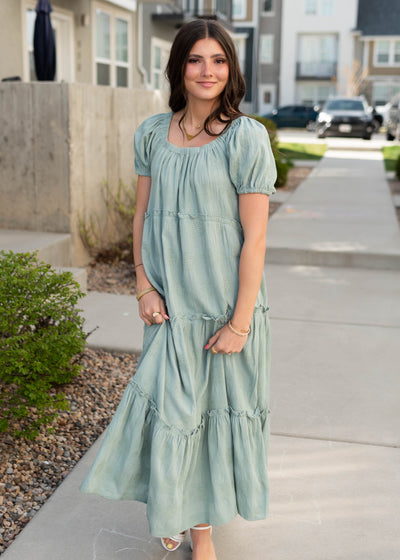Sage puff sleeve detailed dress