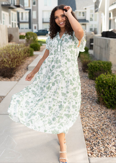 White and green floral pattern dress
