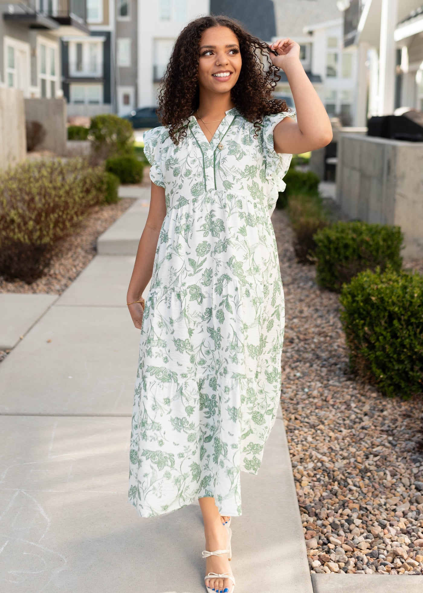 Green floral pattern dress with ruffle cap sleeve