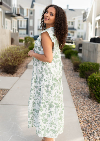 Side view of the green floral pattern dress