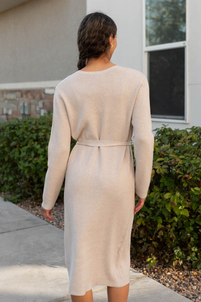 Back view of the stone waffle sweater dress
