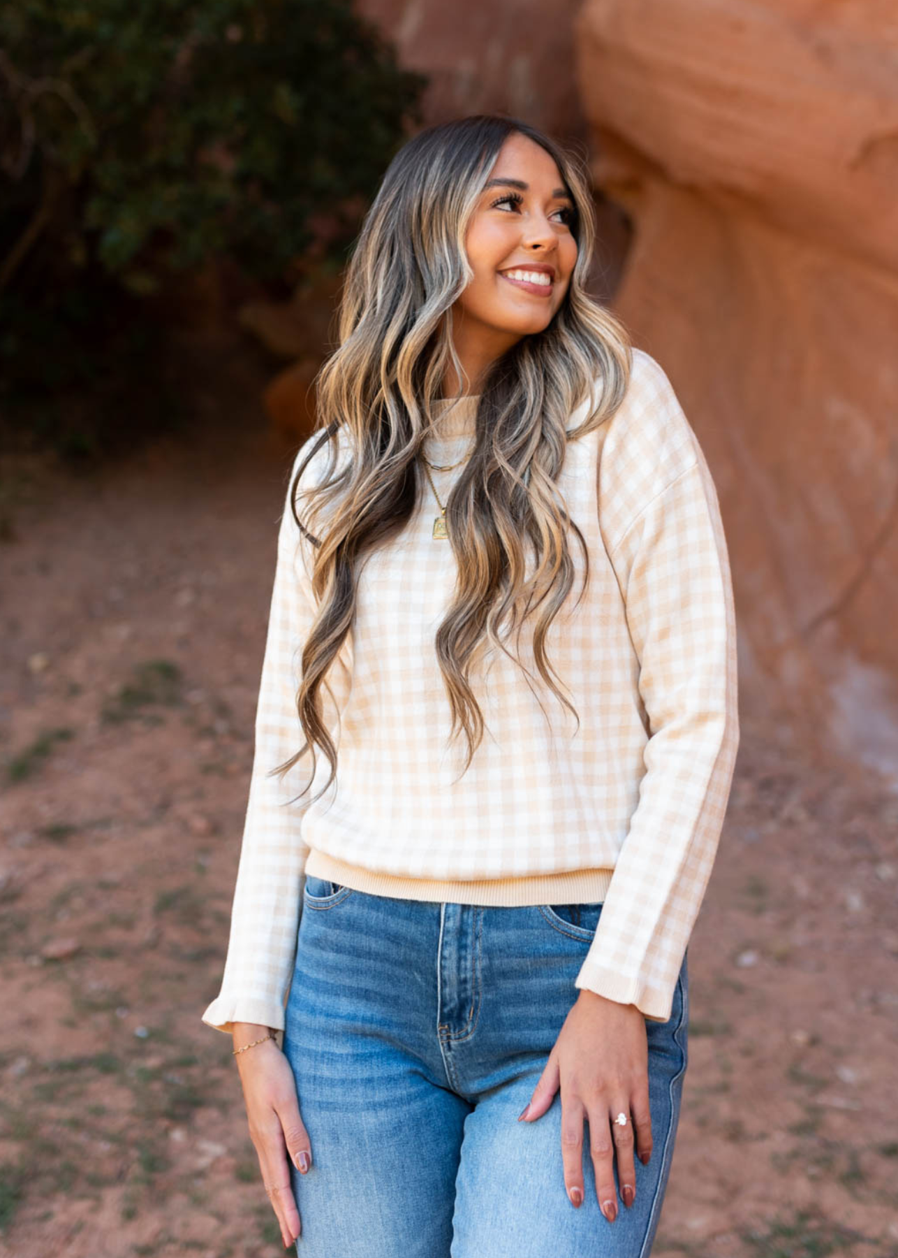 Ivory sweater with tan checkers